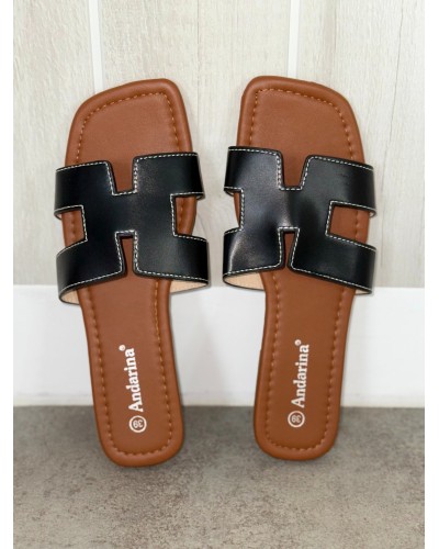 Malycia - Claquettes Noires Femme Bride H - Elégantes et Confortables