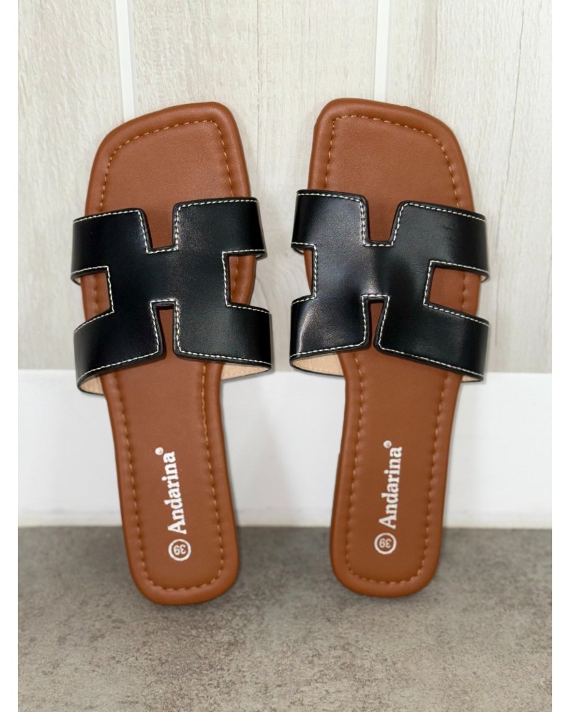 Malycia - Claquettes Noires Femme Bride H - Elégantes et Confortables