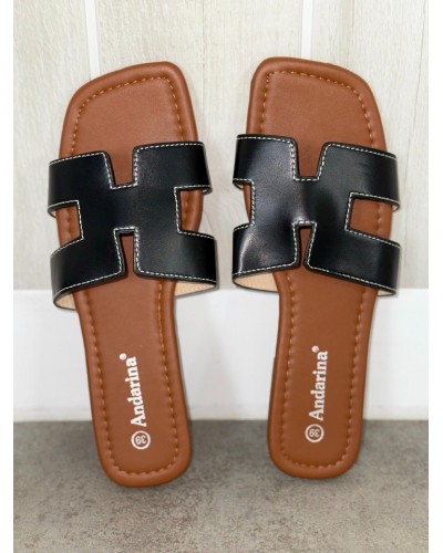 Malycia - Claquettes Noires Femme Bride H - Elégantes et Confortables